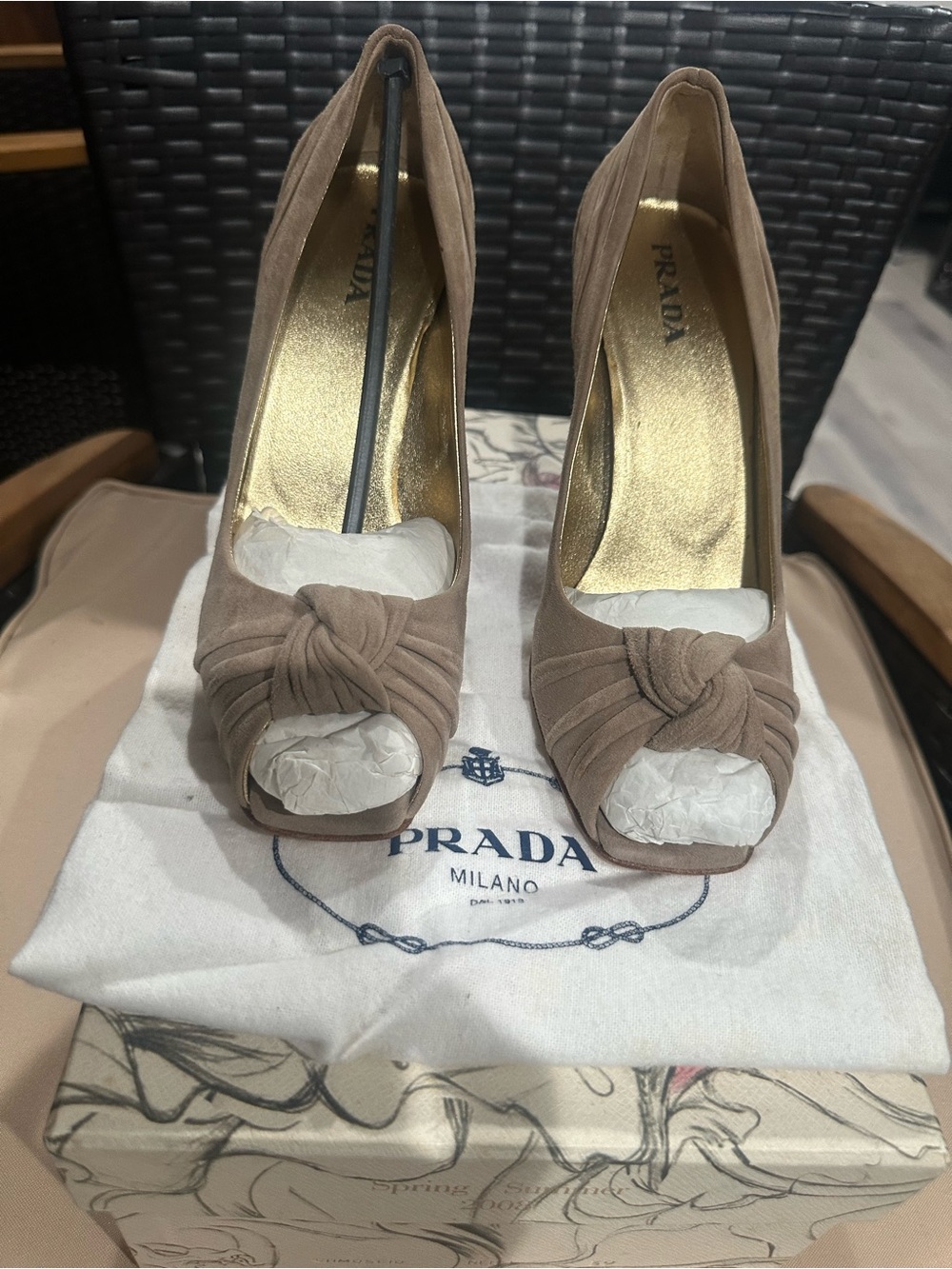 Prada Taupe Suede Peep-Toe Knot Pumps with Gold Insoles
